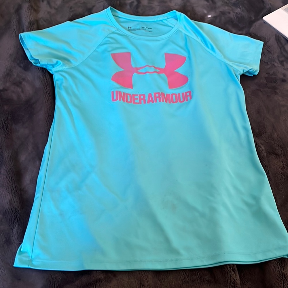 Teal and pink athletic under armour tee shirt